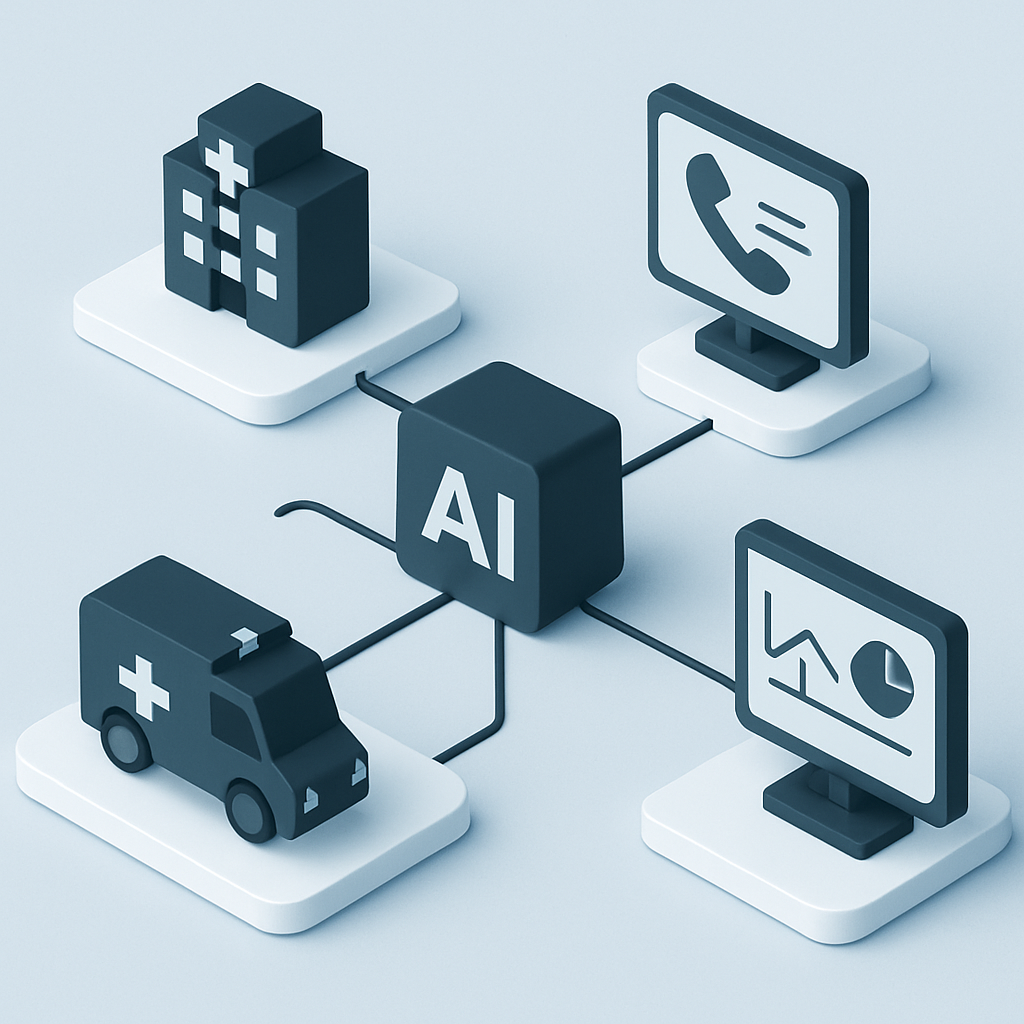 Abstract 3D illustration of AI enhancing public safety and healthcare workflows, showing data flow, digital dashboards, and system connections.