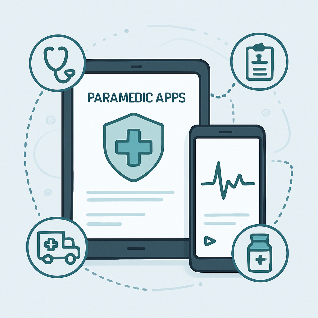 “Mobile devices displaying paramedic guideline and training apps connected in a digital network.”